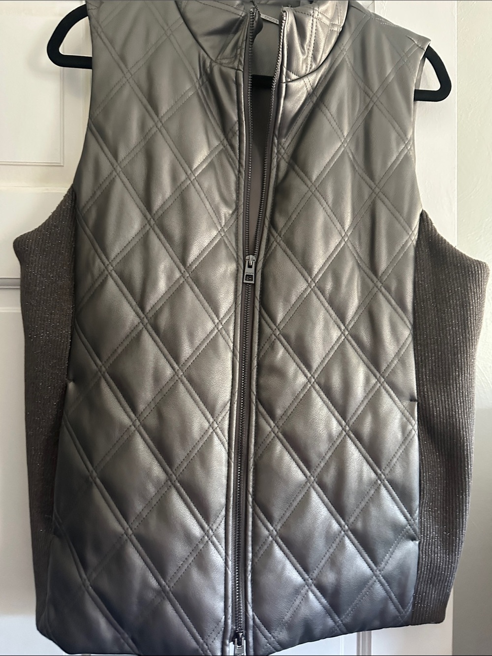 Chico's Quilted Leather-Look Vest in Dark Gray with Knit Sides
